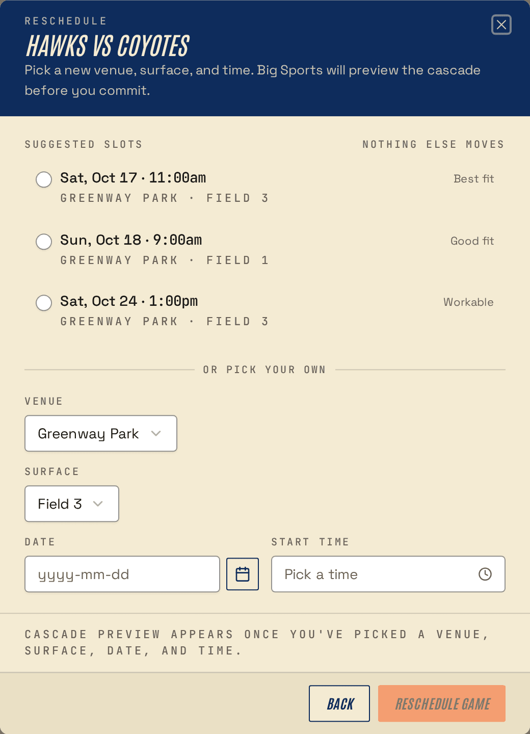 The Reschedule dialog for the rained-out Hawks vs Coyotes game, with three suggested make-up slots on October 17, 18 and 24 at Greenway Park labelled Best fit, Good fit and Workable, and a note that nothing else moves.