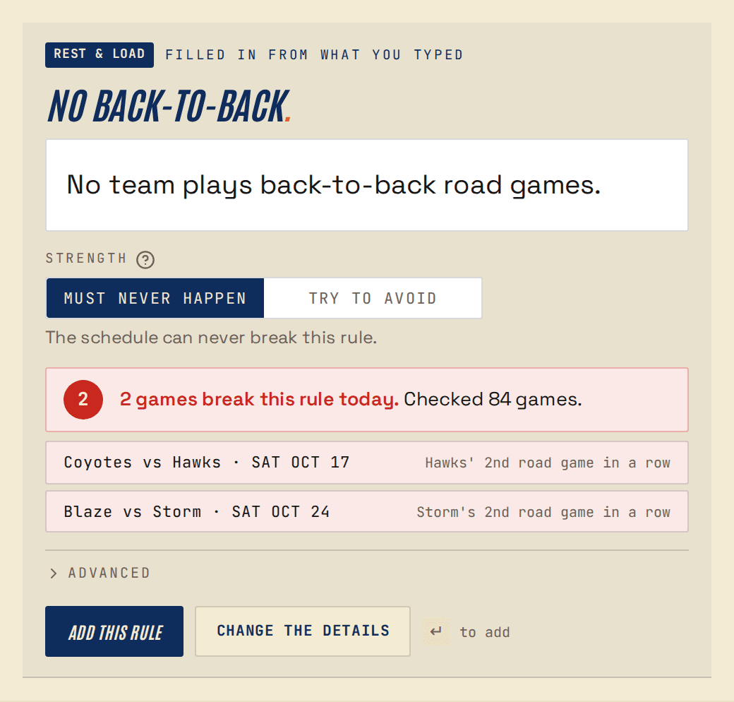 Smart rules reading 'No team plays back-to-back road games' as the No back-to-back rule, under Rest & load, checked against 84 games with 2 flagged: Hawks and Storm each playing a second road game in a row.